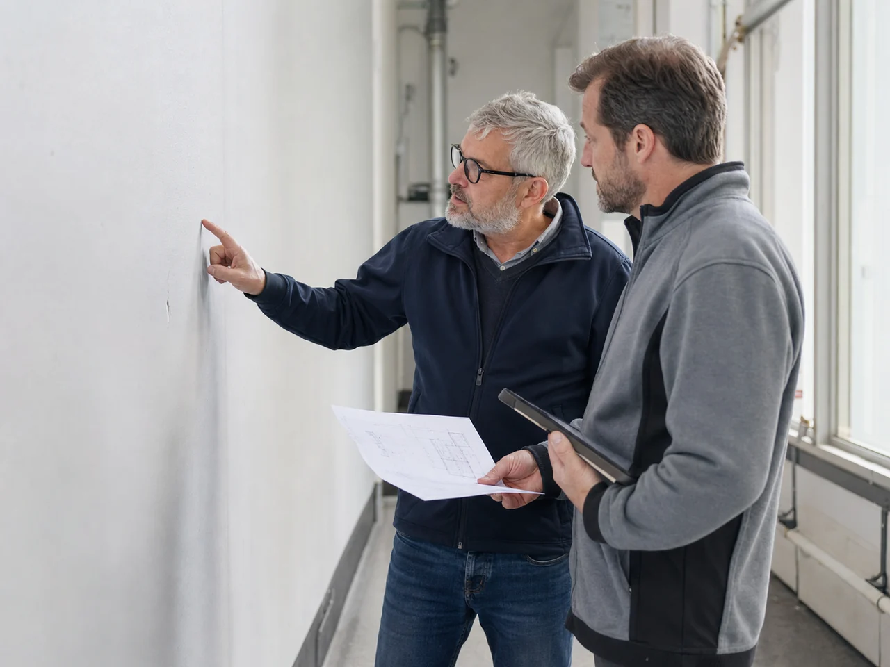 Twee technische adviseurs beoordelen een wand en projecttekening