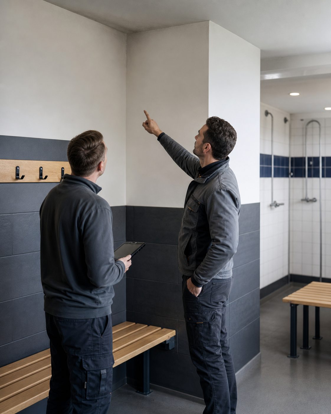 Onderhoudsprofessionals inspecteren een vochtgevoelige wand in een kleedkamer