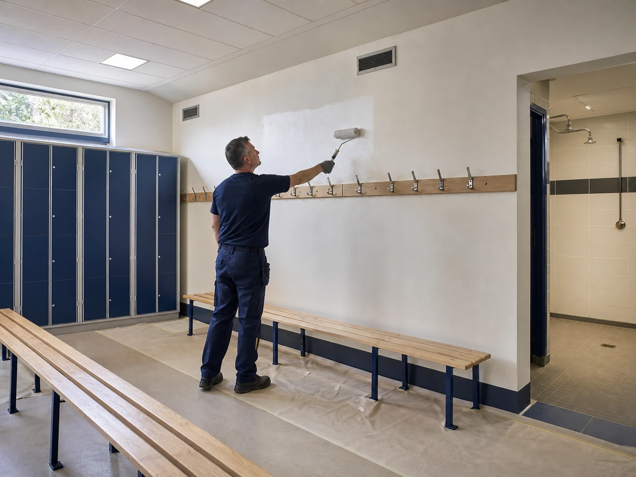 Schilder brengt schimmelbestendige wandafwerking voor sportaccommodaties aan in een kleedkamer
