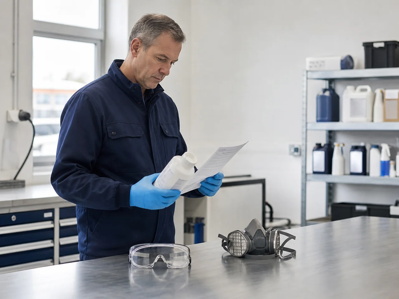 Onderhoudsprofessional controleert productinstructies en kiest passende persoonlijke beschermingsmiddelen