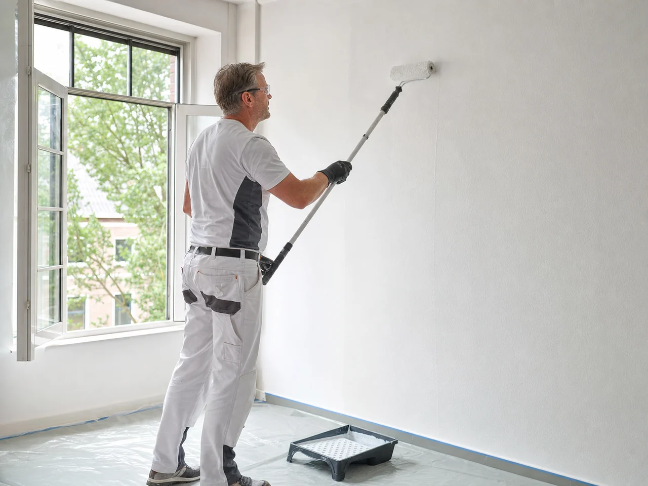 Vakschilder brengt een coating aan met ventilatie, handschoenen en oogbescherming