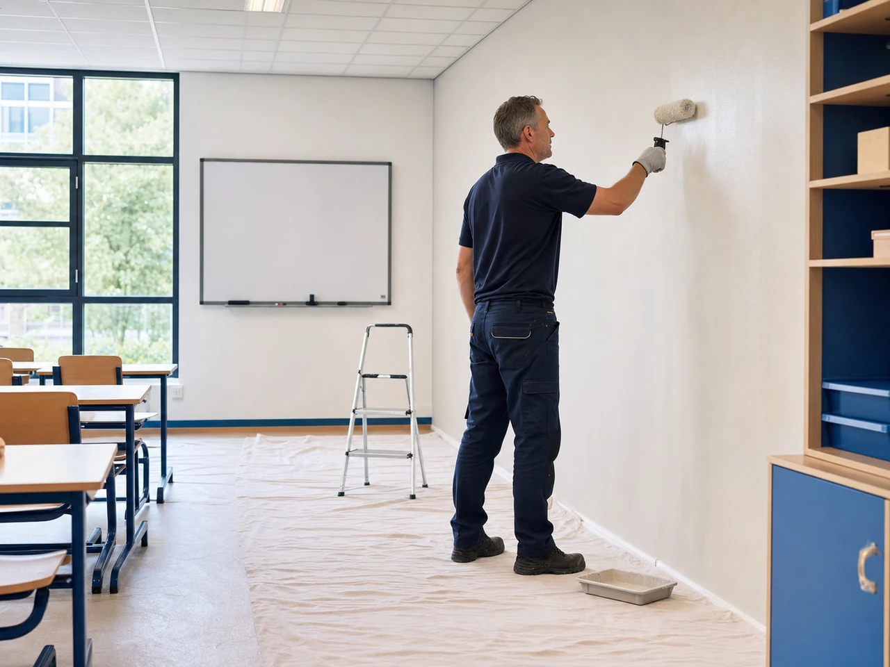Schilder brengt schimmelbestendige wandafwerking voor scholen aan tijdens zomeronderhoud