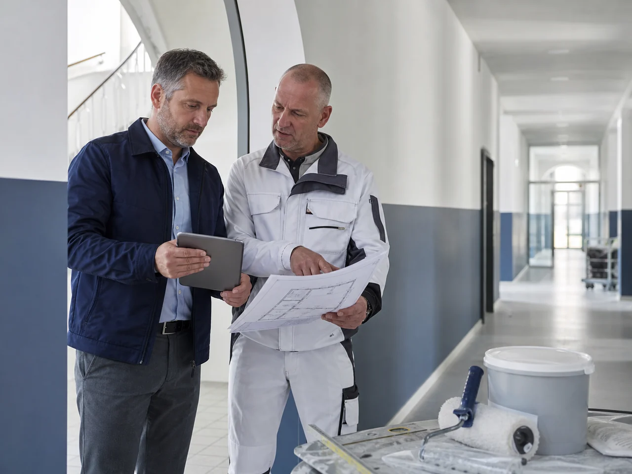 Facility manager en schilder bespreken projectplanning voor de Total Cost of Ownership van coatings