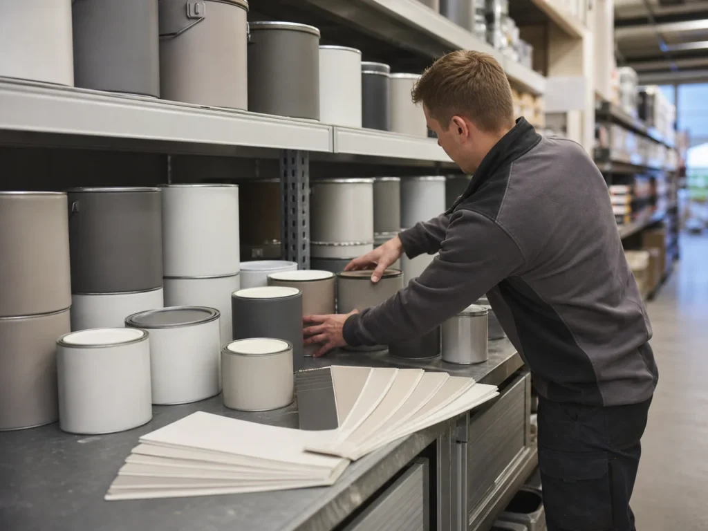 Merchandiser controleert de presentatie van coatingproducten bij een verkooppunt