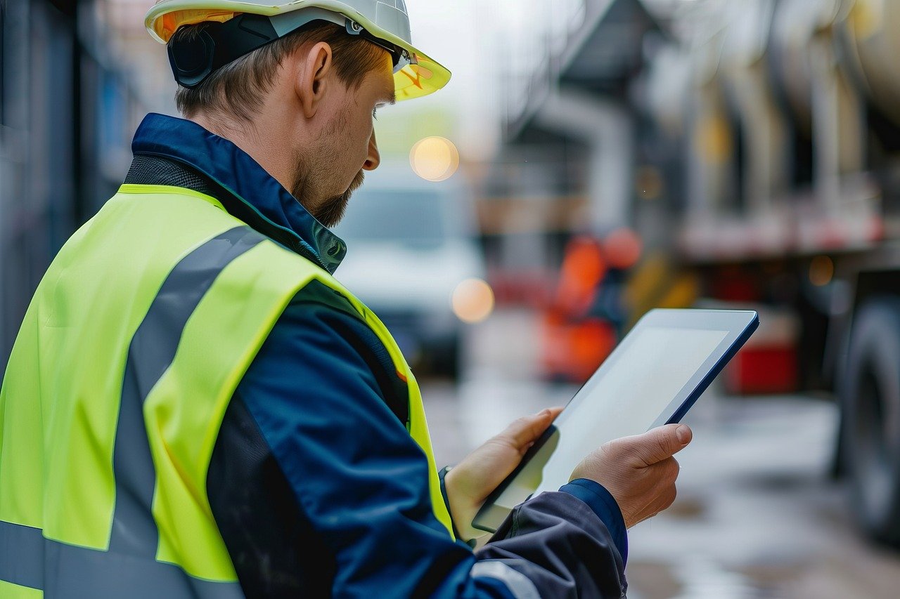 Technisch medewerker beoordeelt projectinformatie op locatie