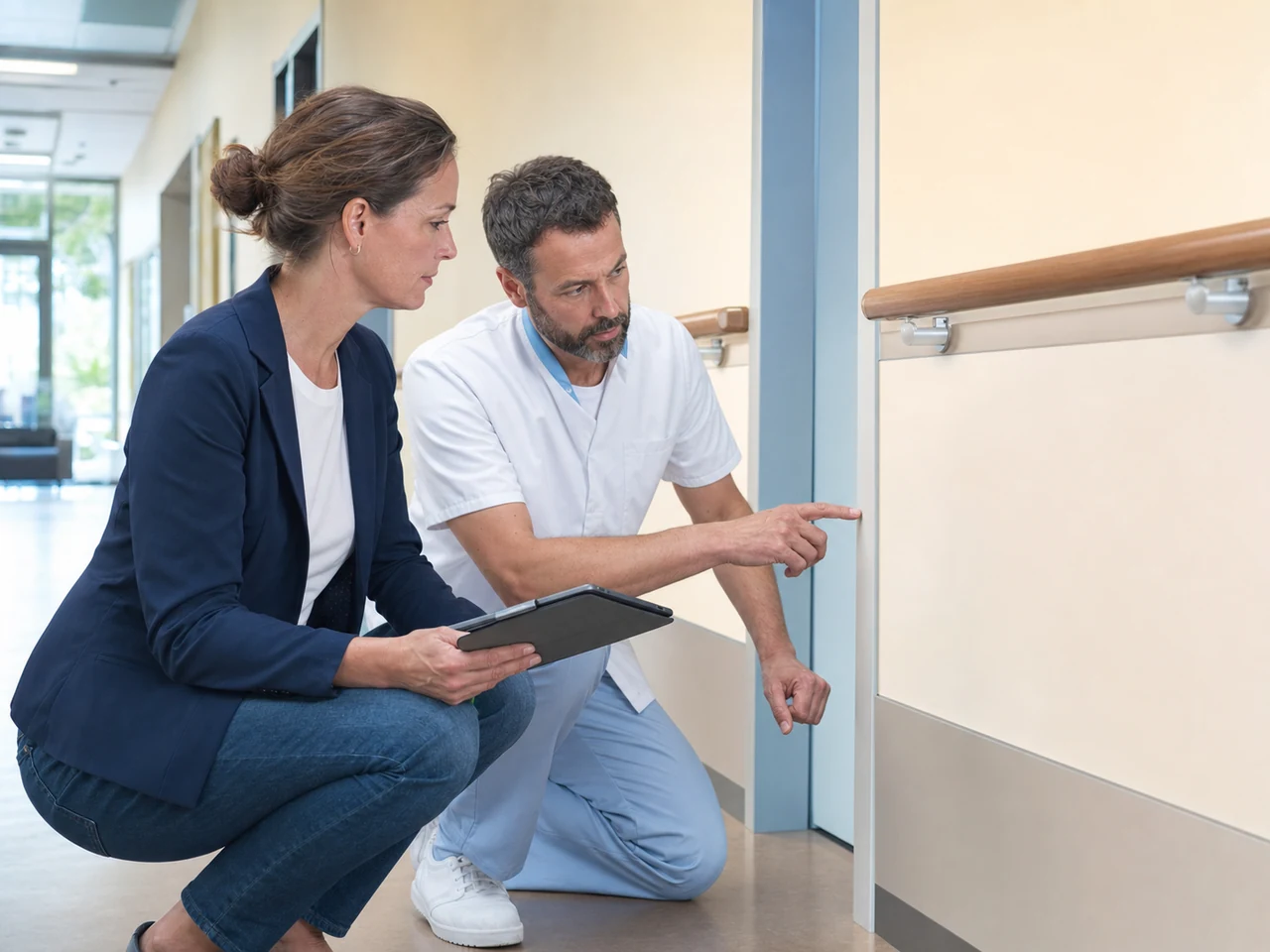 Inspectie voor coating voor zorginstellingen in een ziekenhuiscorridor