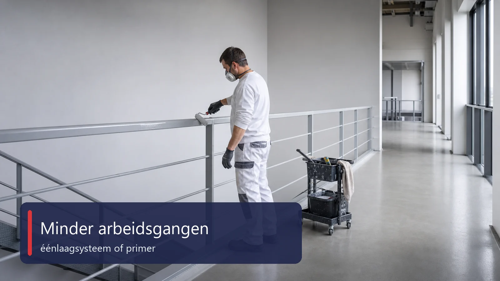 Vakschilder brengt Metal Unicoat aan op een voorbereide stalen balustrade in een professionele werkomgeving.