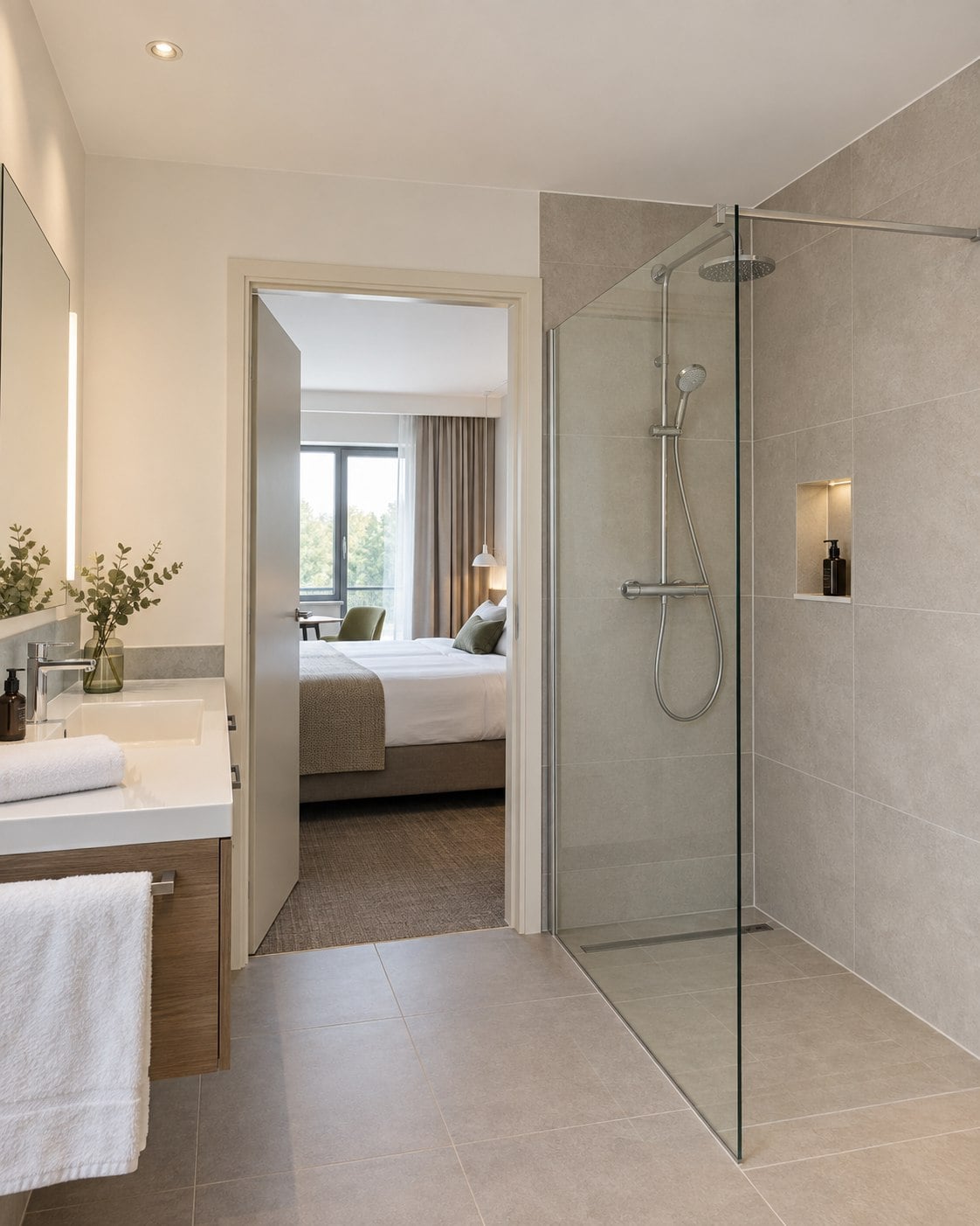 Hotelbadkamer met douche, geschilderd plafond en zicht op de gastenkamer