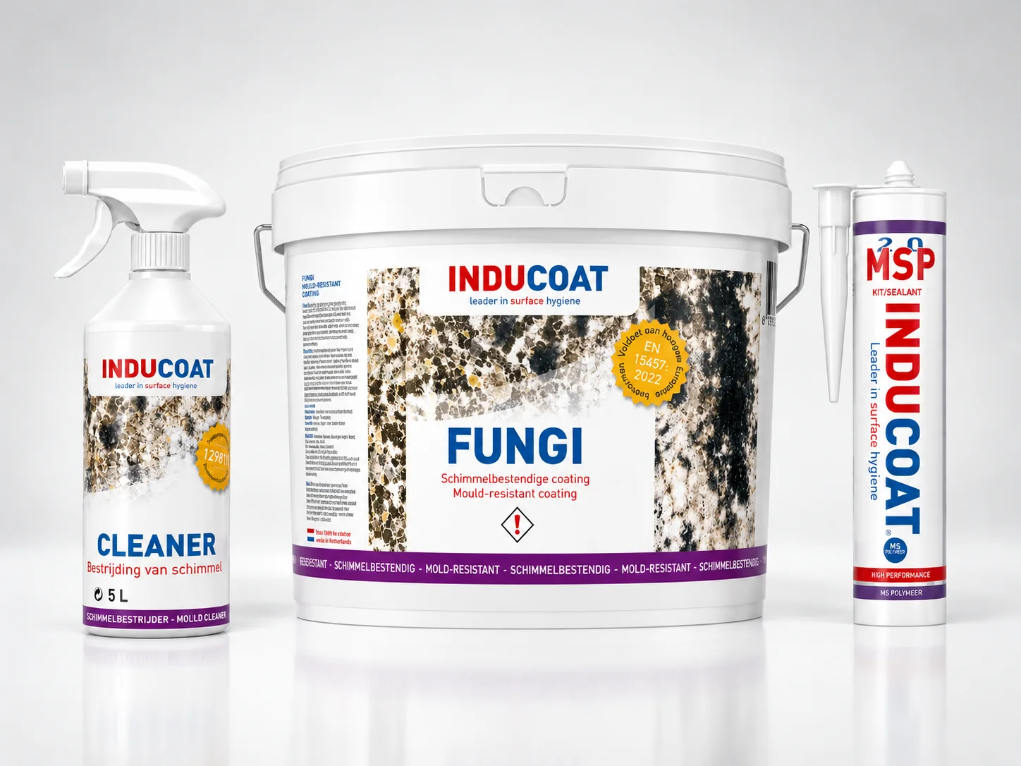 Inducoat Cleaner, Fungi en MSP 2.0 naast elkaar in studio-opstelling